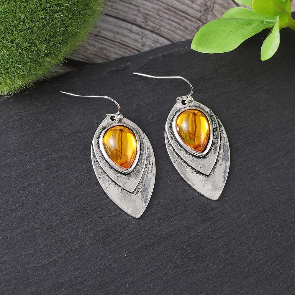 Antique silver bohemian leaf earrings with amber water drop design pendant