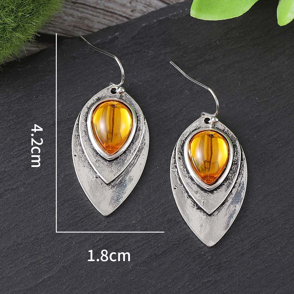 Antique silver bohemian leaf earrings with amber water drop design and heart shape zinc alloy detailing