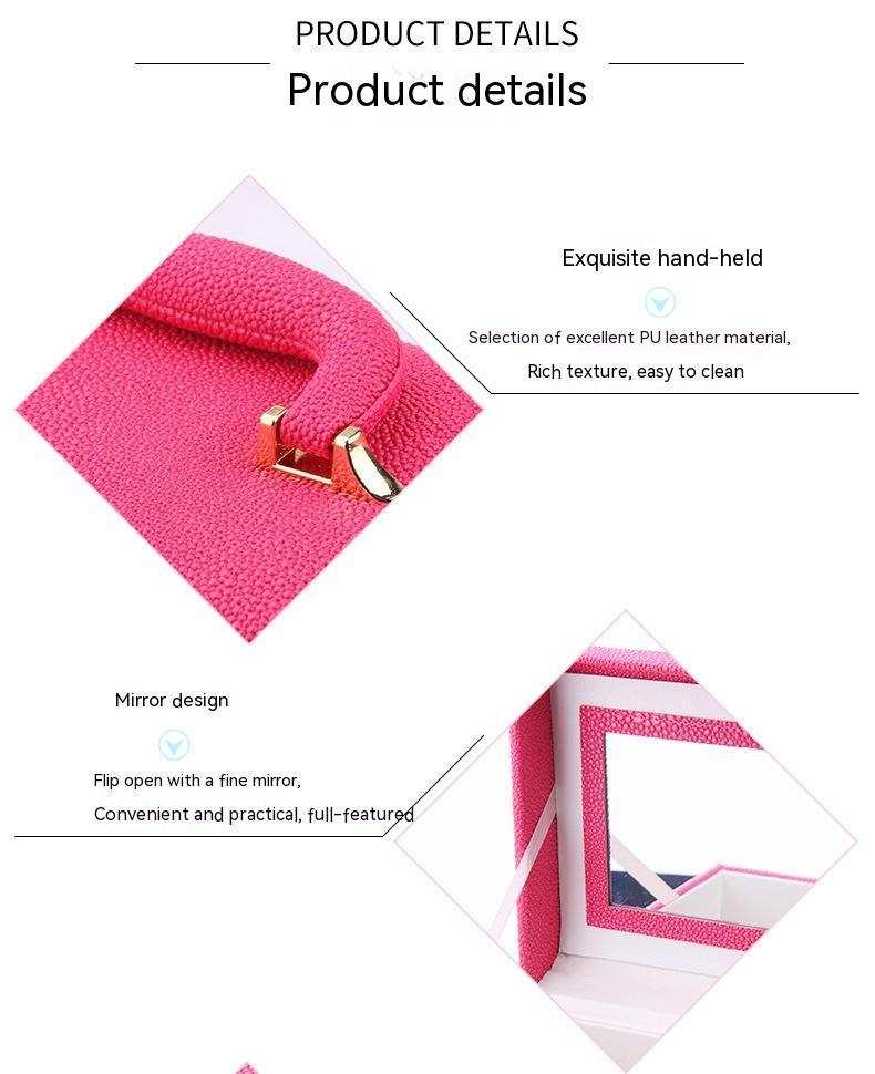Water-resistant outdoor makeup case in rose red with PU leather texture and built-in mirror design