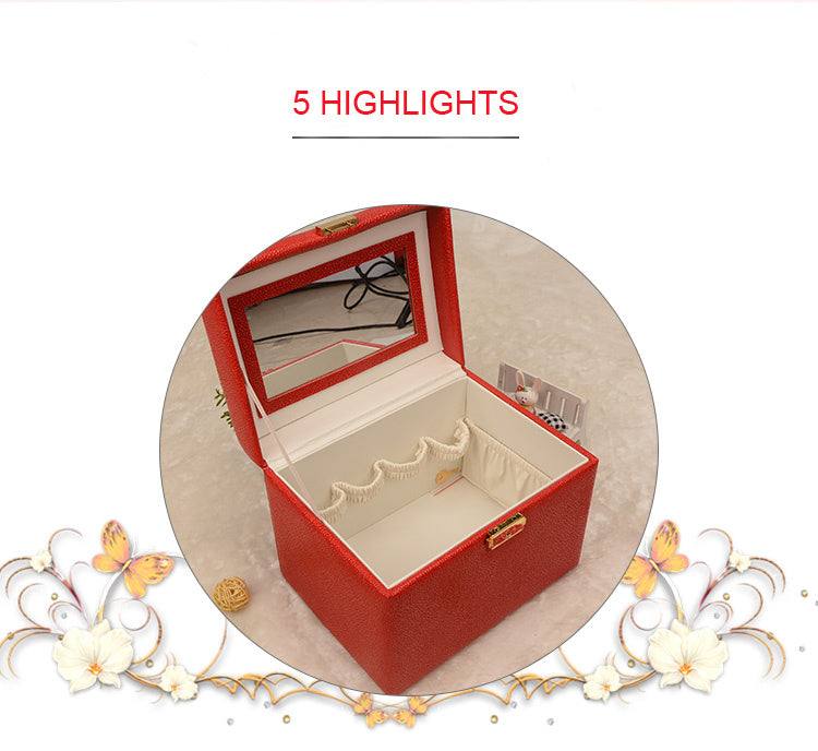 Water-resistant outdoor makeup case in red with interior mirror and storage compartments