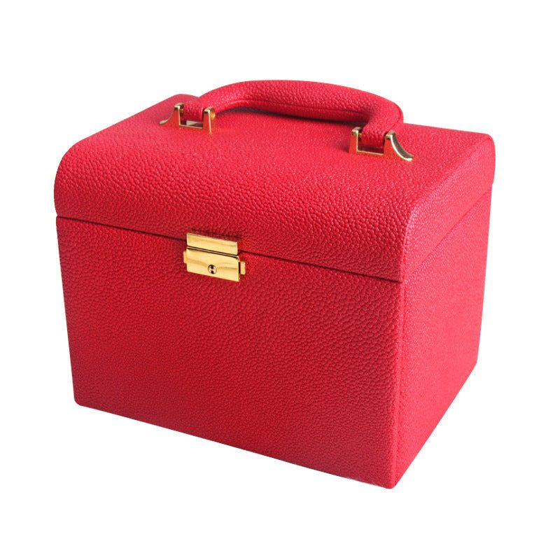 Red water-resistant outdoor makeup case with handle and gold clasp, Korean style wooden material