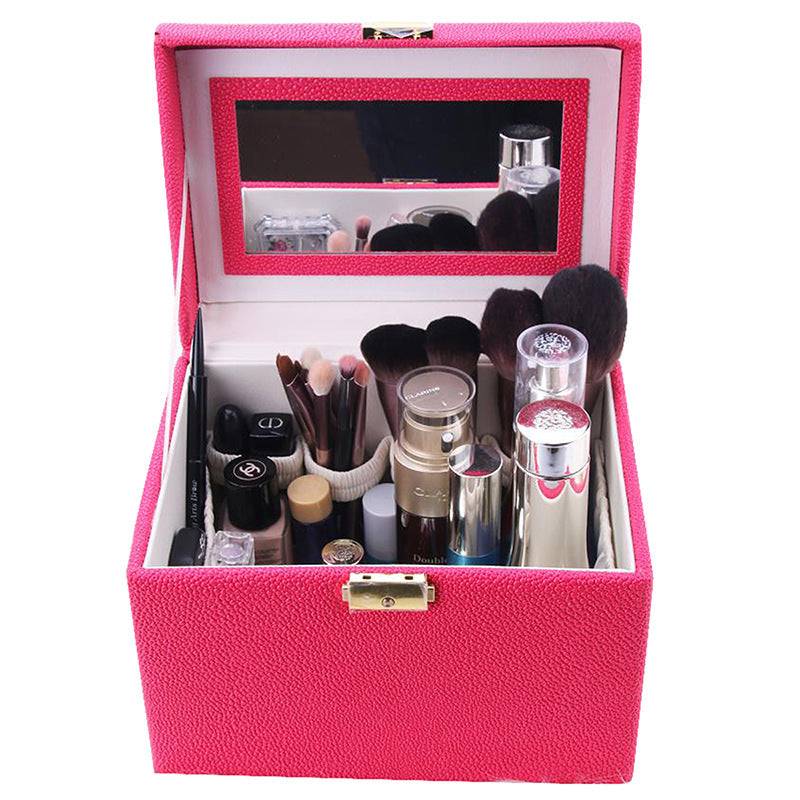 Water-resistant outdoor makeup case in rose red with mirror and organized compartments