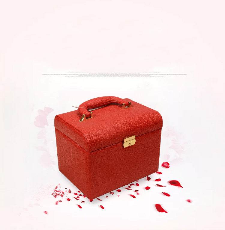 Water-resistant outdoor makeup case in rose red wooden design with handle and gold clasp