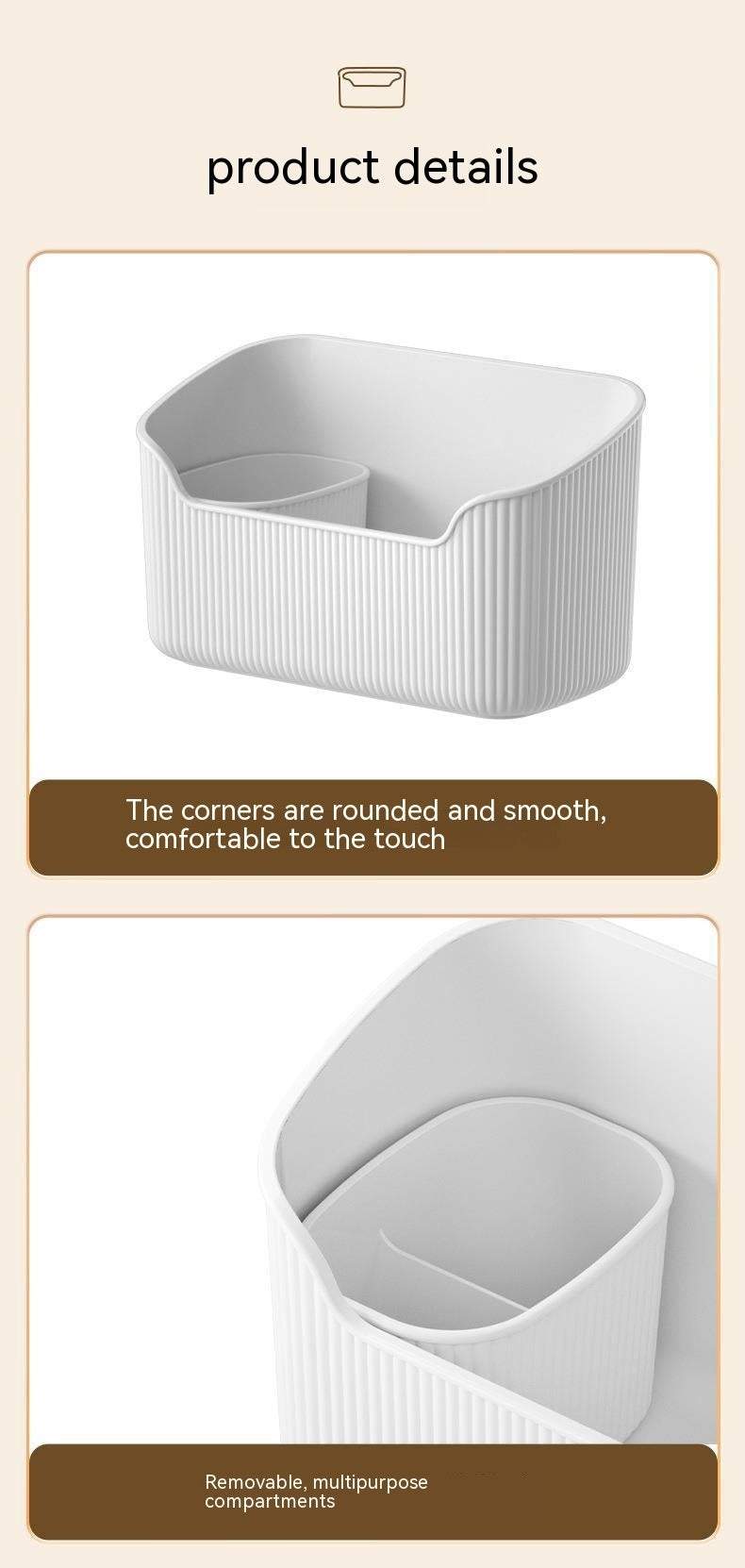 Waterproof and spacious white plastic makeup storage box with removable compartments and rounded corners