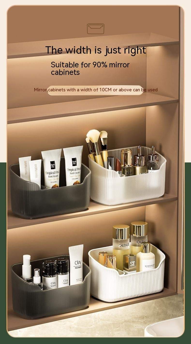 Waterproof and spacious makeup storage box in black and white holding cosmetics and toiletries on mirror cabinet shelves