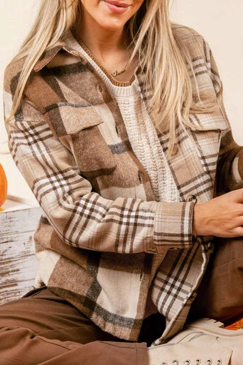 Women wearing a cozy plaid flannel shacket with double flap pockets, perfect for cool weather style.