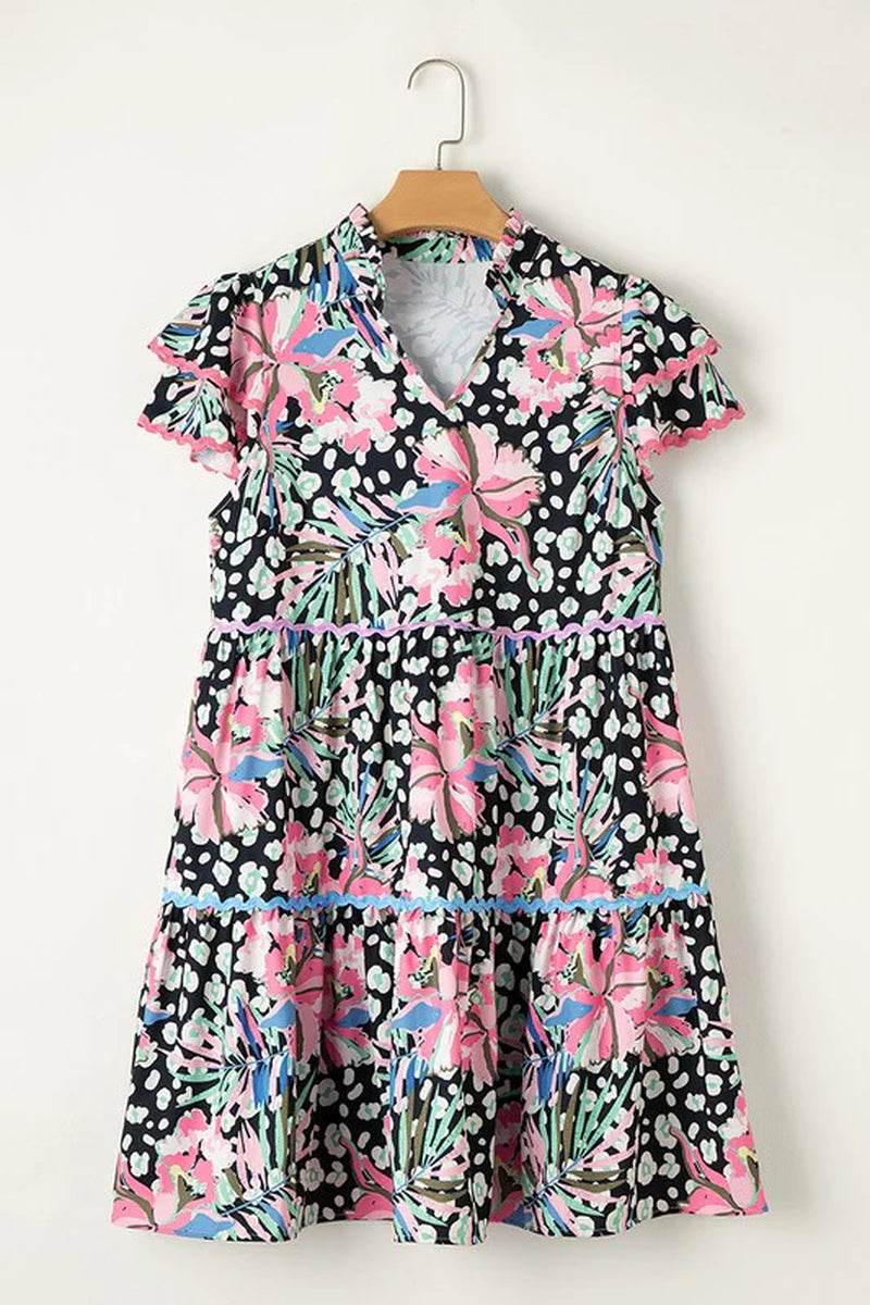 Women floral ricrac embellished tiered mini dress with short sleeves, featuring vibrant prints and a flirty design.
