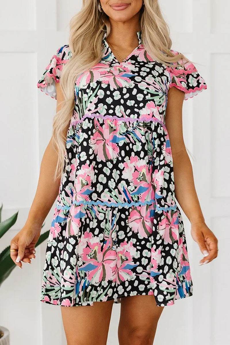 Floral ricrac embellished tiered mini dress for women, featuring vibrant floral prints and short sleeves.