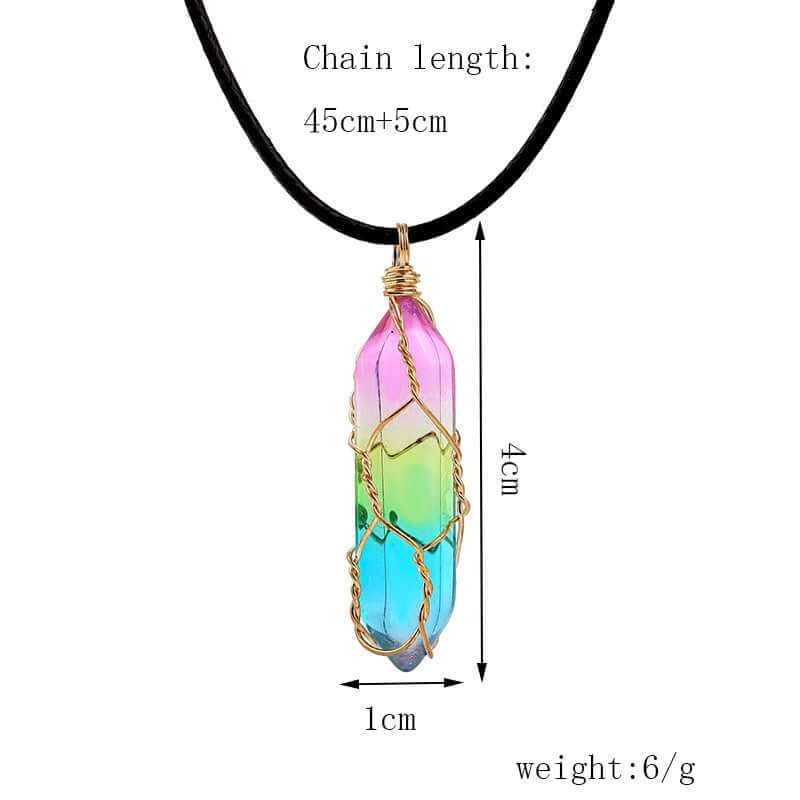 Colorful layered crystal pendant necklace on black chain, featuring unique geometric design, 45cm length.