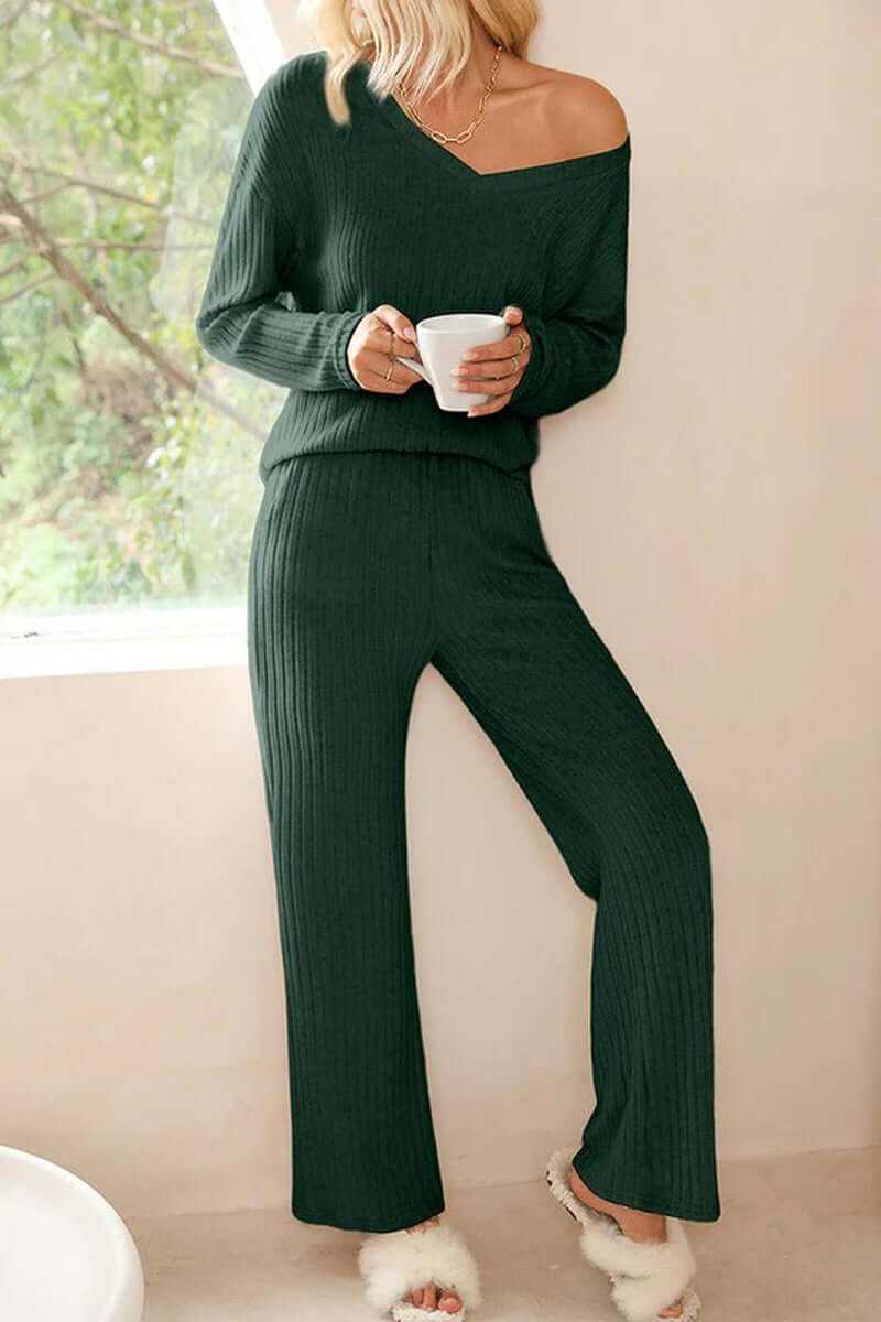 Women Ribbed Knit V Neck Slouchy Two-Piece Outfit in dark green, cozy and chic, perfect for casual styling.
