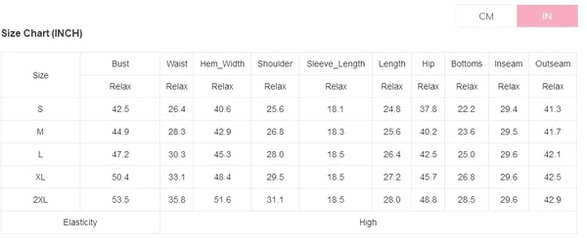 Size chart for women's ribbed knit V neck slouchy two-piece outfit displaying measurements in inches.