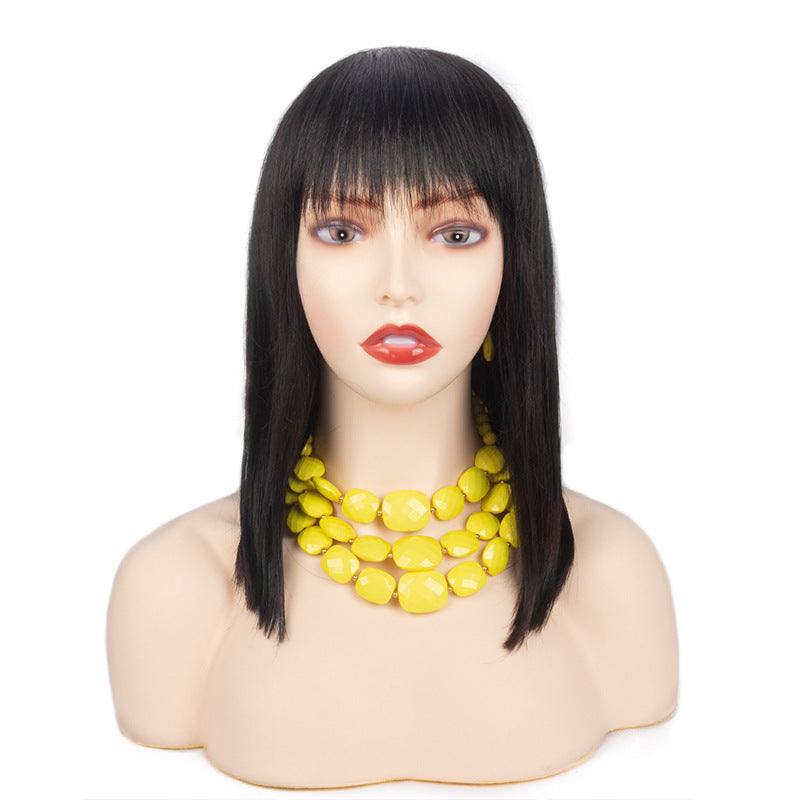 Women’s natural real hair wavy wig with bangs, medium length, black color, hand-cranked style