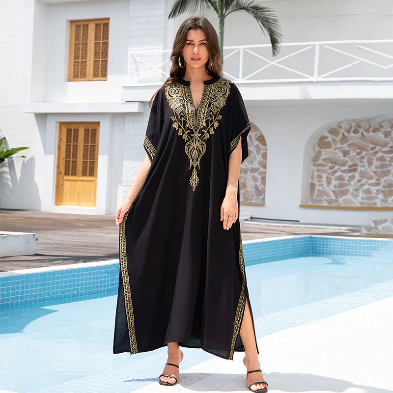 Women’s black embroidered rayon cover-up, perfect for beachwear and casual outings, stylish and comfortable for 18-50 age range.