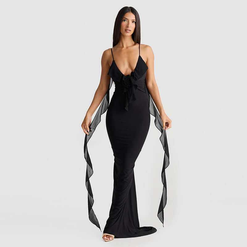 Women's Clothing fashion black suspender dress with adjustable straps and low waist polyester fabric