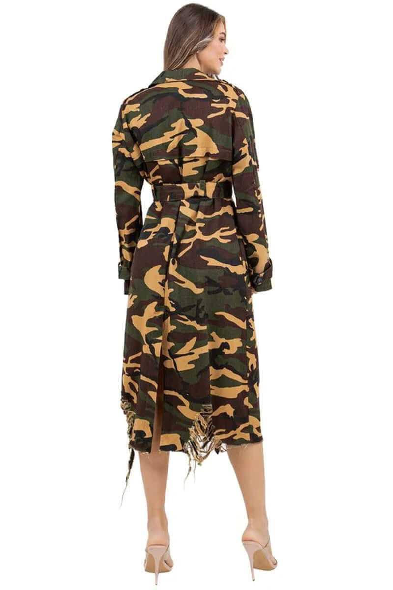 Back view of women's camouflage long trench coat featuring a self-tie belt and long sleeves.
