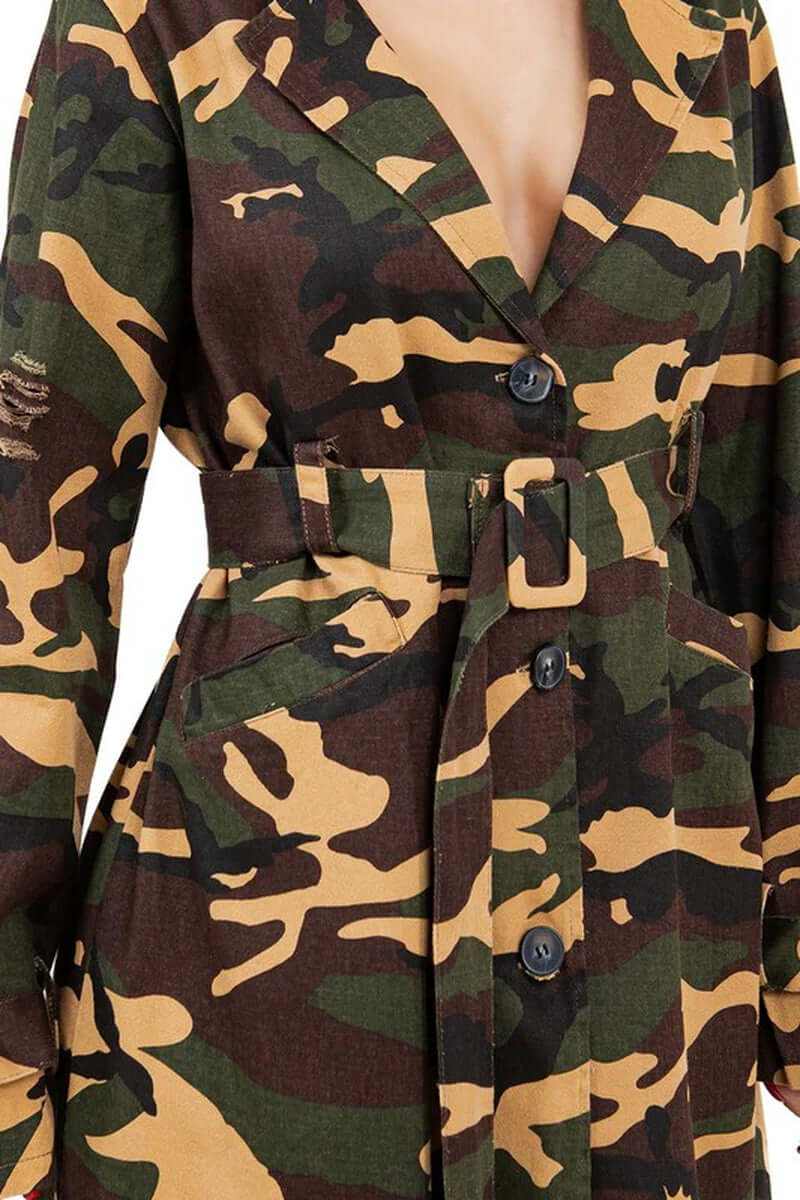 Women’s camouflage long trench coat featuring button front, side pockets, and self-tie belt, perfect for stylish layering.