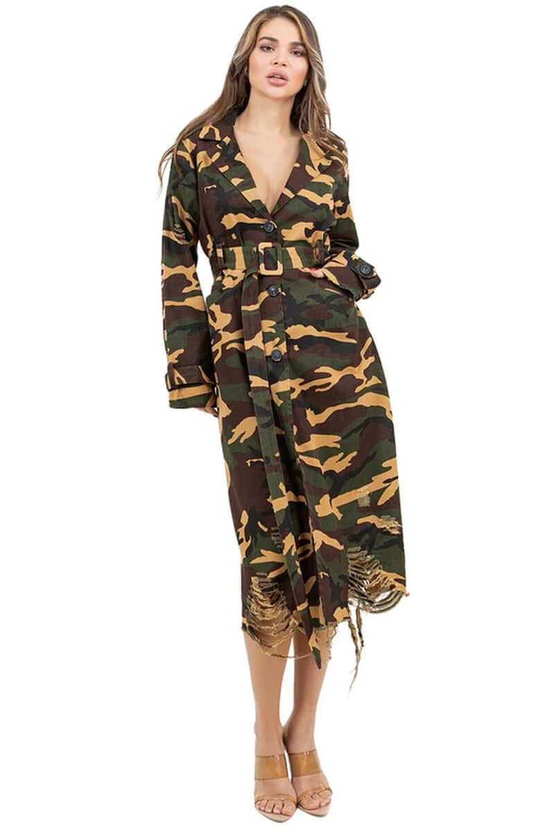 Women’s camouflage long trench coat with button front and self-tie belt, featuring a stylish point collar and side pockets.