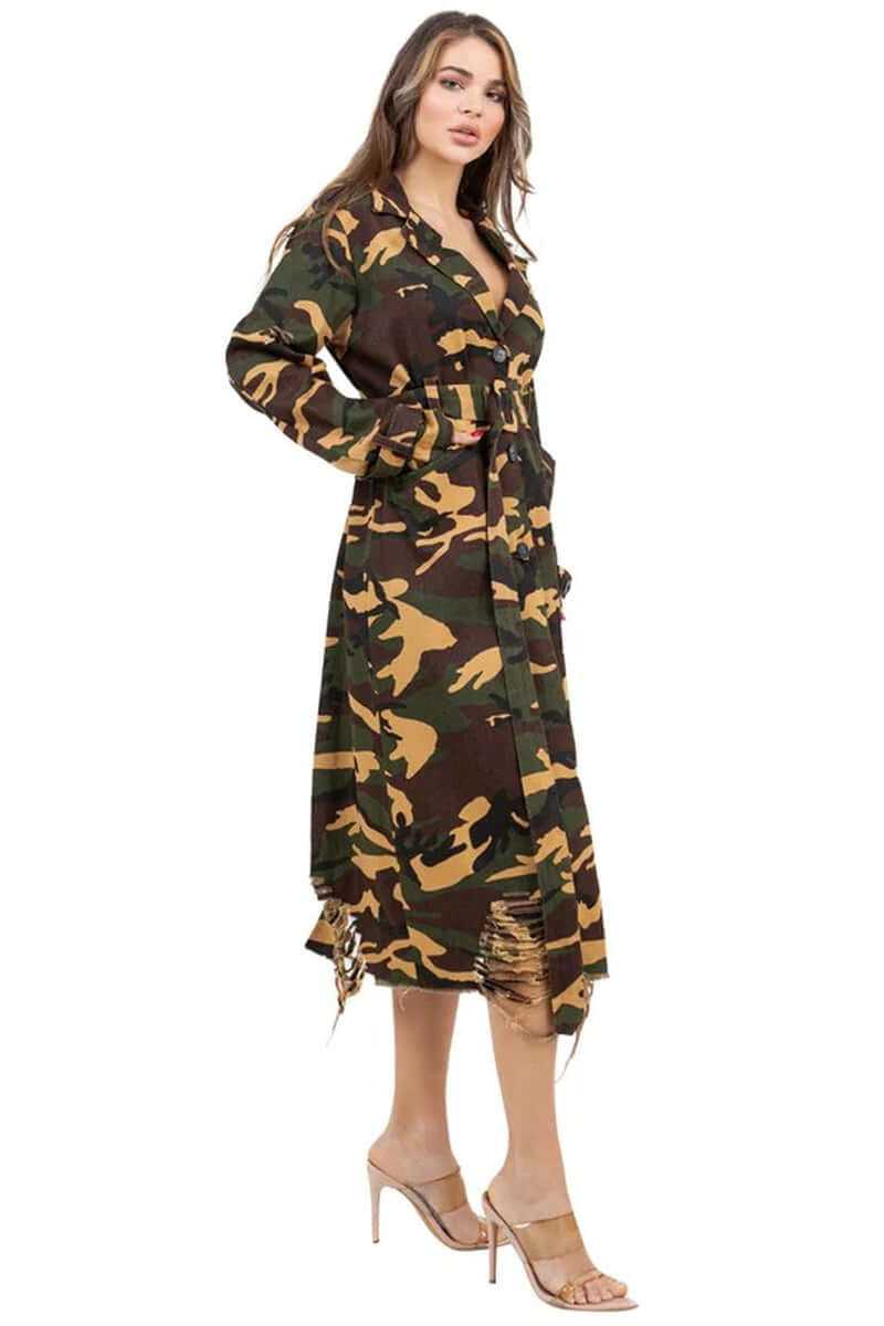 Fashionable women's camouflage long trench coat with front buttons and side pockets.