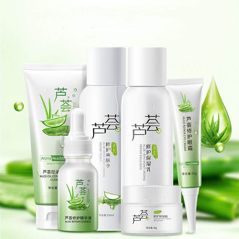 Women's fashion moisturizing aloe vera skincare set with cleanser, cream, toner, essence, eye cream, and mask for hydrating and pore shrinking