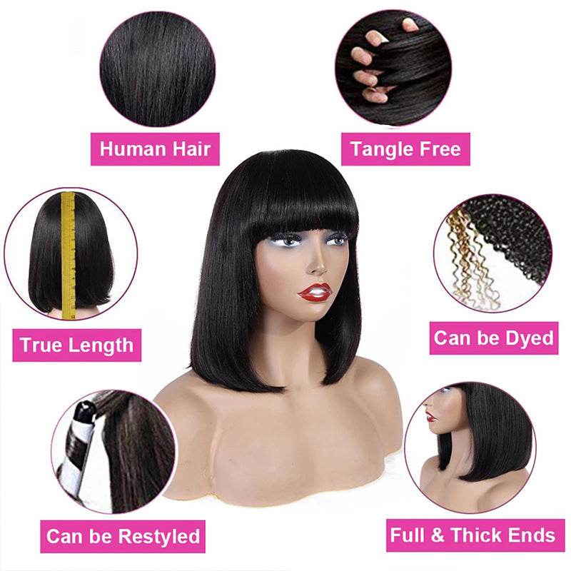 Women's natural human hair wavy wig with bangs, medium length, tangle-free, dyeable and restylable
