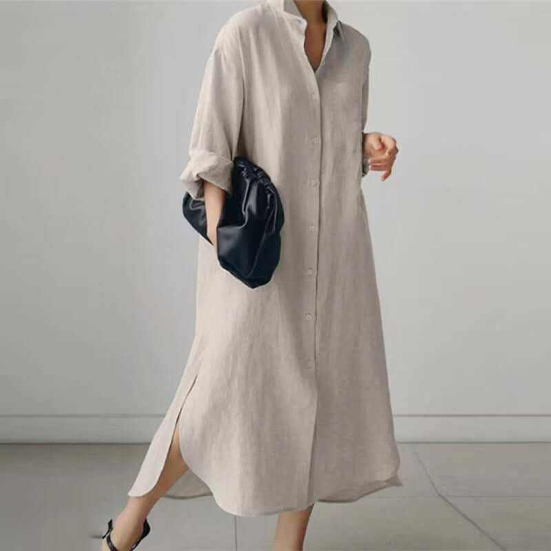 Women's beige long-sleeved slit shirt dress with pockets, stylish and comfortable, perfect for casual outings.