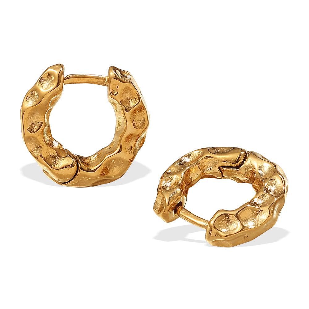 Gold minimalist retro circle earrings for women, titanium steel with textured finish
