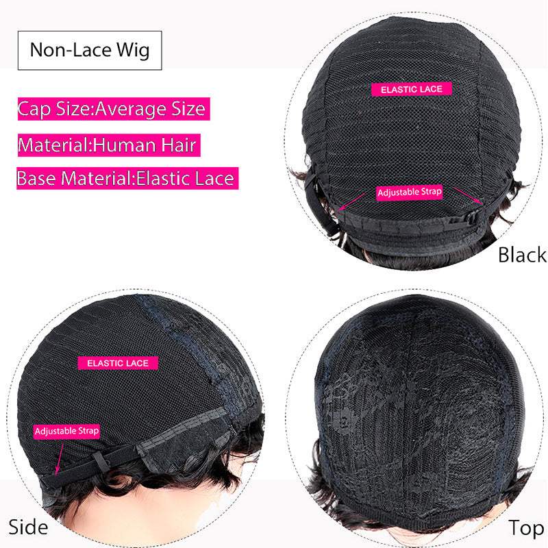 Women's human hair wavy wig with adjustable elastic lace cap and hand-cranked mechanism