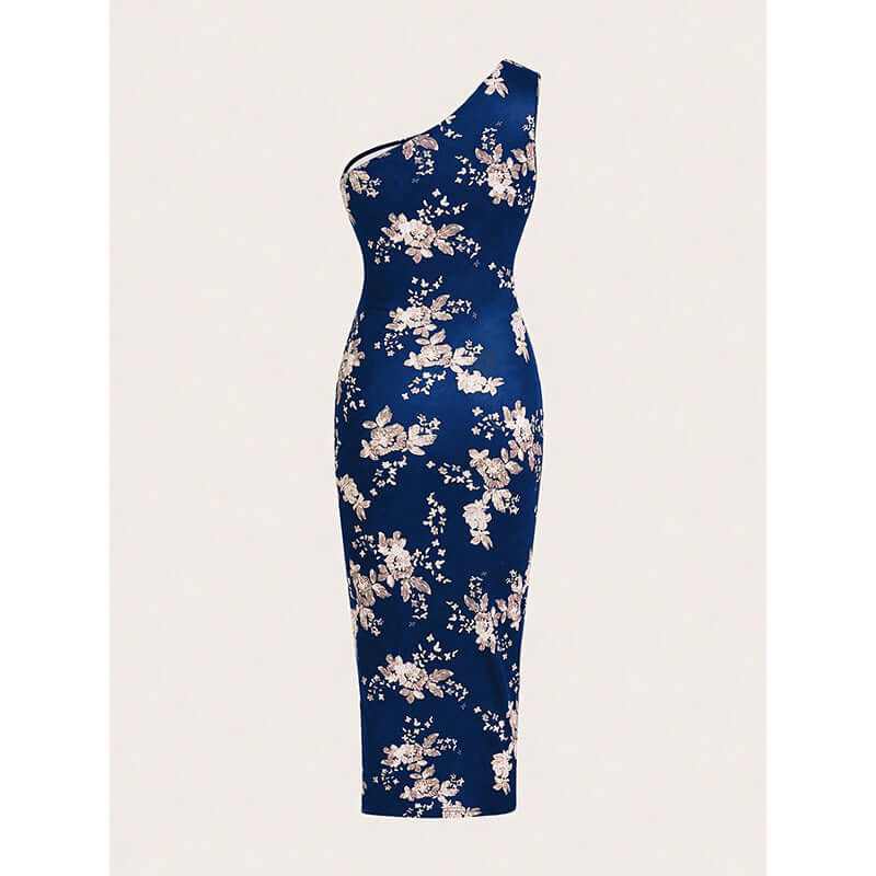 Navy floral one shoulder bodycon dress with ruching and high slit, perfect for summer events and weddings.