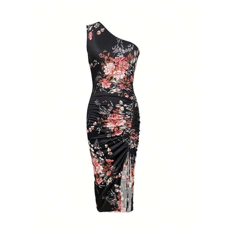 Women's one shoulder floral bodycon dress with ruching and high slit, perfect for summer cocktail events.