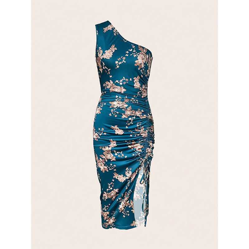 Women's one shoulder floral bodycon dress with ruching and high split for summer 2025 cocktail events.