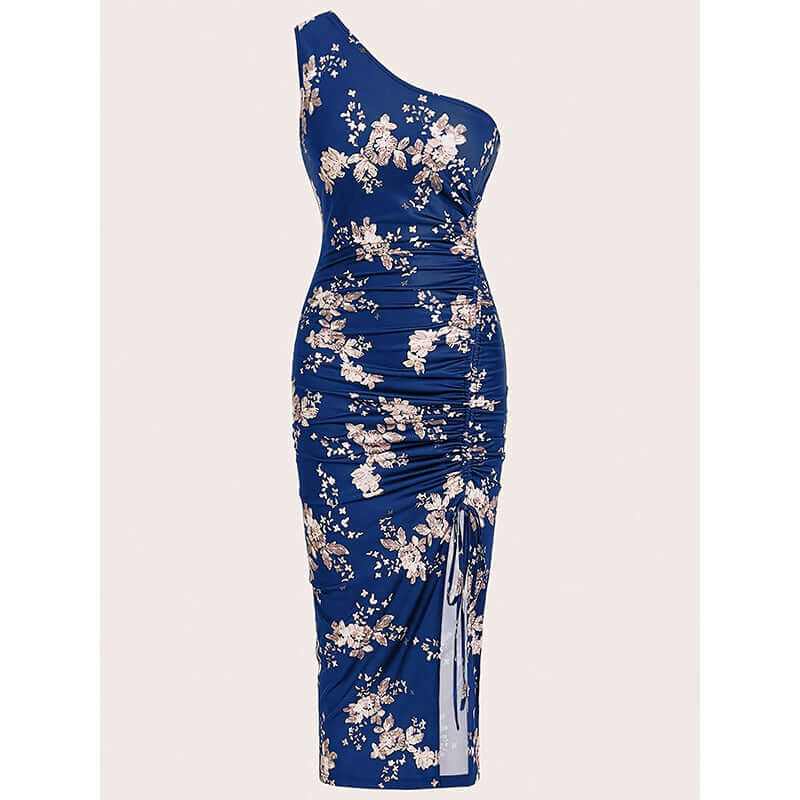Women's one shoulder bodycon dress in blue floral print, high split, ideal for summer 2025 cocktail and beach events.