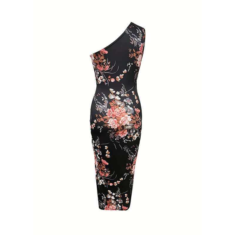 Women's one shoulder floral bodycon dress with high slit, perfect for summer cocktail events and weddings.