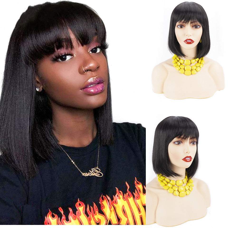Women wearing natural straight real hair wig with bangs and medium length on mannequin heads with yellow necklace