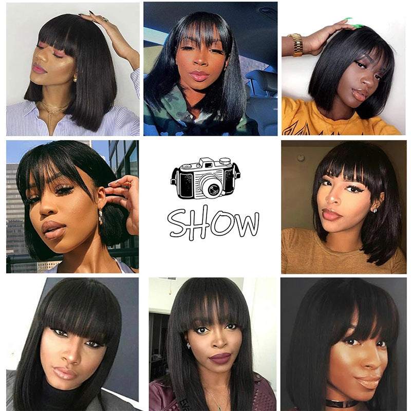 Women wearing natural color hand-cranked real hair wavy wigs with bangs in various styles and lengths