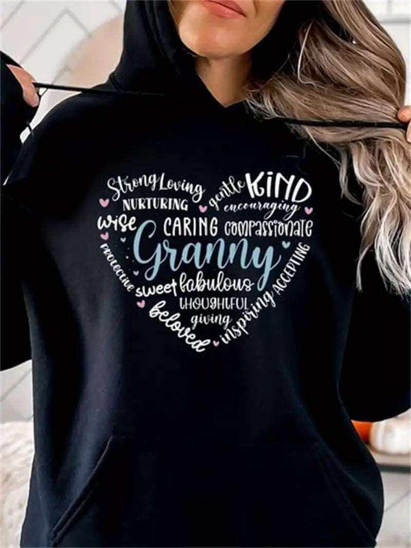 women's polyester spandex hoodie with heart-shaped word design in black, soft and stretchy material