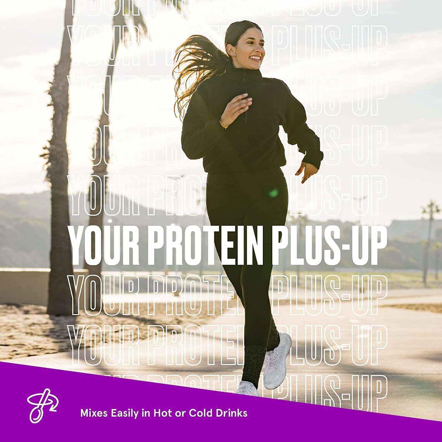 Woman jogging outdoors showcasing energy boost from Protein Plus-Up supplement, ideal for hot or cold drinks.