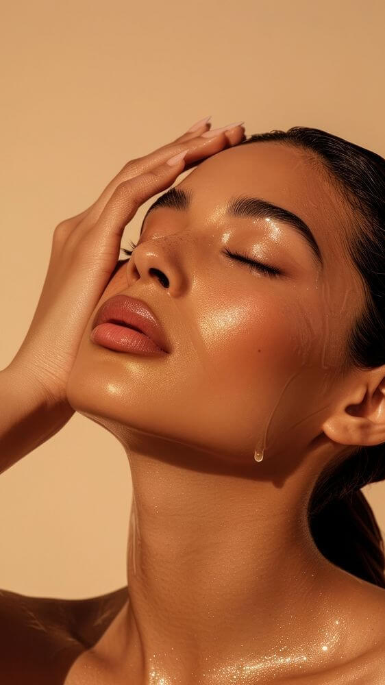 Radiant beauty shot of a woman showcasing luminous skin with glowing highlights and a serene expression.