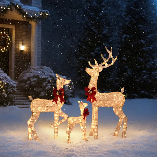 3-Piece Lighted Christmas Reindeer Family Set Outdoor Decorations, Weather Proof Sparkling Deer Family Set Of 3 Christmas Ornament Home Decor Pre-lit 290 LED Warm White Lights, 5FT, Golden