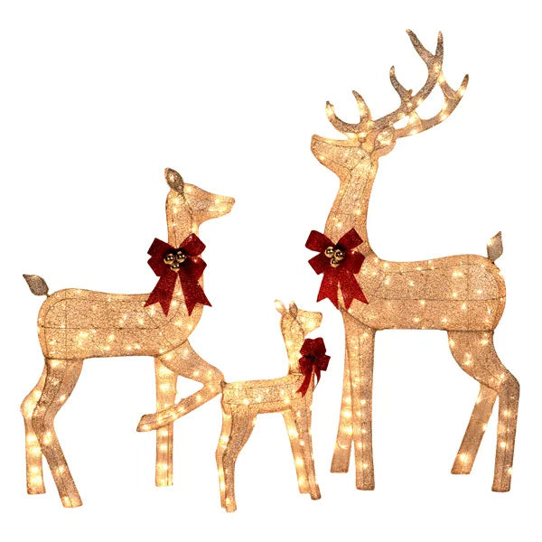 3-Piece Lighted Christmas Reindeer Family Set Outdoor Decorations, Weather Proof Sparkling Deer Family Set Of 3 Christmas Ornament Home Decor Pre-lit 290 LED Warm White Lights, 5FT, Golden