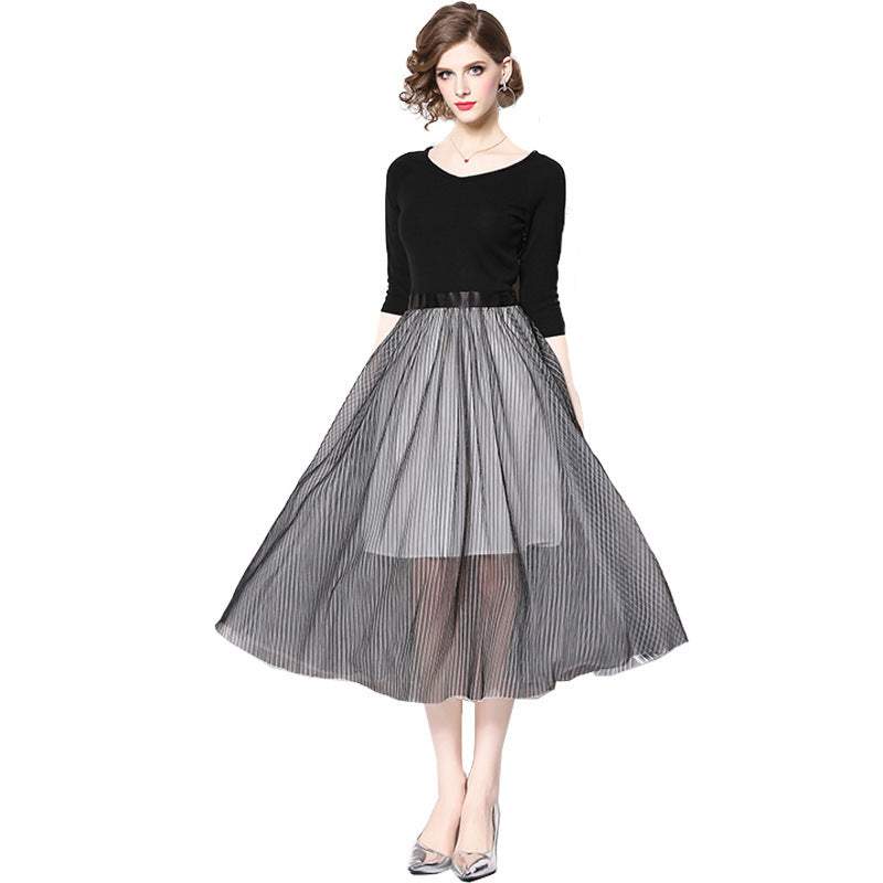 Women's Fashion Round Neck 34 Sleeves Patchwork Stripes Voile Dress