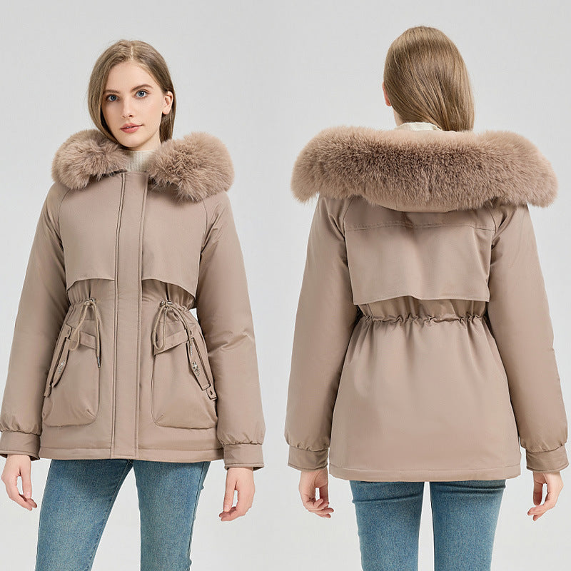 Waist Trimming Short Hooded New Big Fur Collar Coat Women's Clothing in elegant gray with removable fur collar.