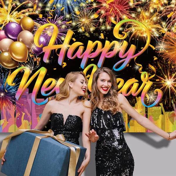 Happy New Year Background Cloth With 32 Inch Balloons Fireworks Designs New Year Backdrop Decor Holiday Photo Studio Props For 2025 New Year Party Photography Supplies