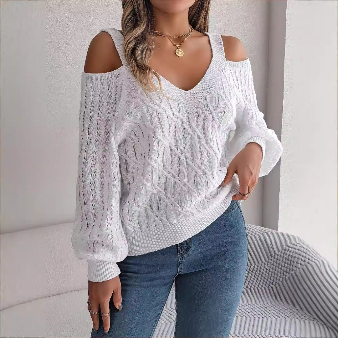 Real Shot Autumn-Winter 2025 Casual Solid Color Fried Dough Twists Off Shoulder Lantern Sleeve Sweater