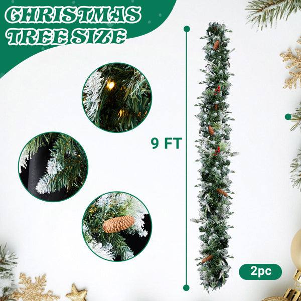 Pre-lit snow flocked Christmas garland, 9-foot length, features 440 branch tips and snowy effect, set of 2 pieces.