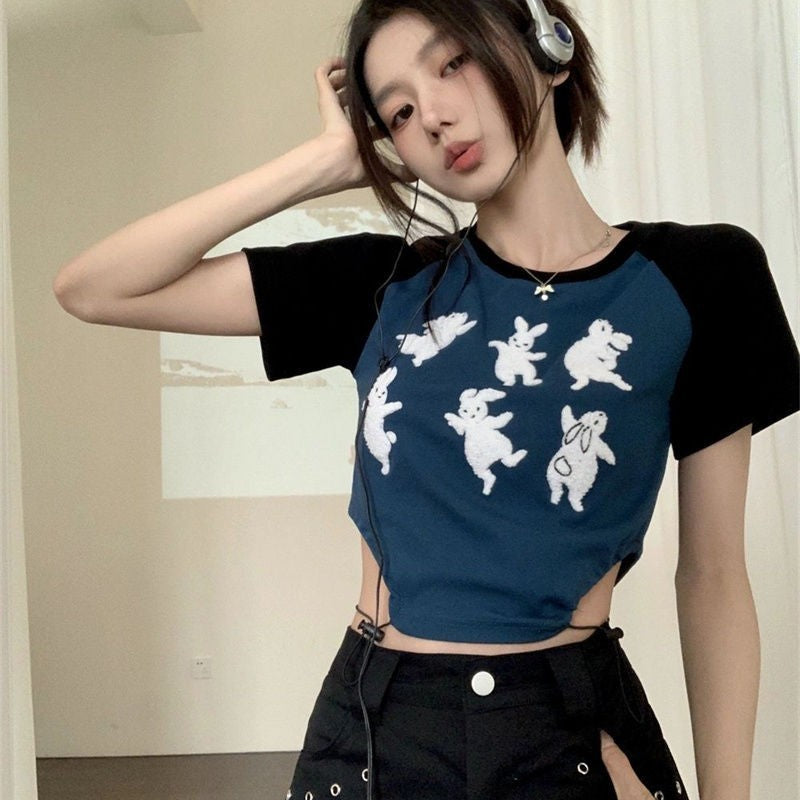 Bottom Drawstring Spicy Girl Short Sleeved Top