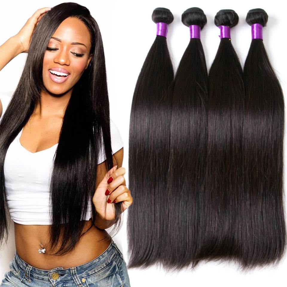 Human Brazilian Straight Hair bundles with long, smooth, natural black straight strands and a smiling woman with sleek long straight hair.