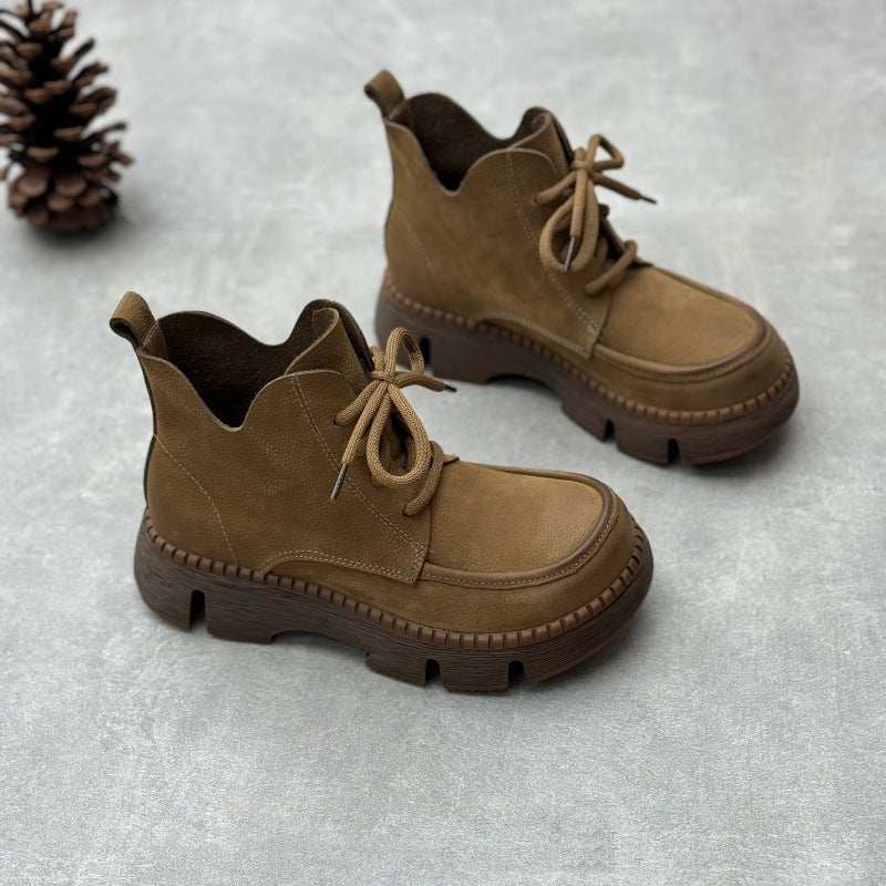 Platform Round Toe Lace-up Casual Cowhide Women's Boots
