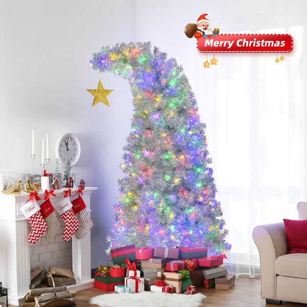 6 FT Bent Top Pre-lit Christmas Tree With Golden Star, Hinged Artificial Xmas Tree With 300 Lights, 900 Branch Tips For Holiday Party Store Office Home, Silver