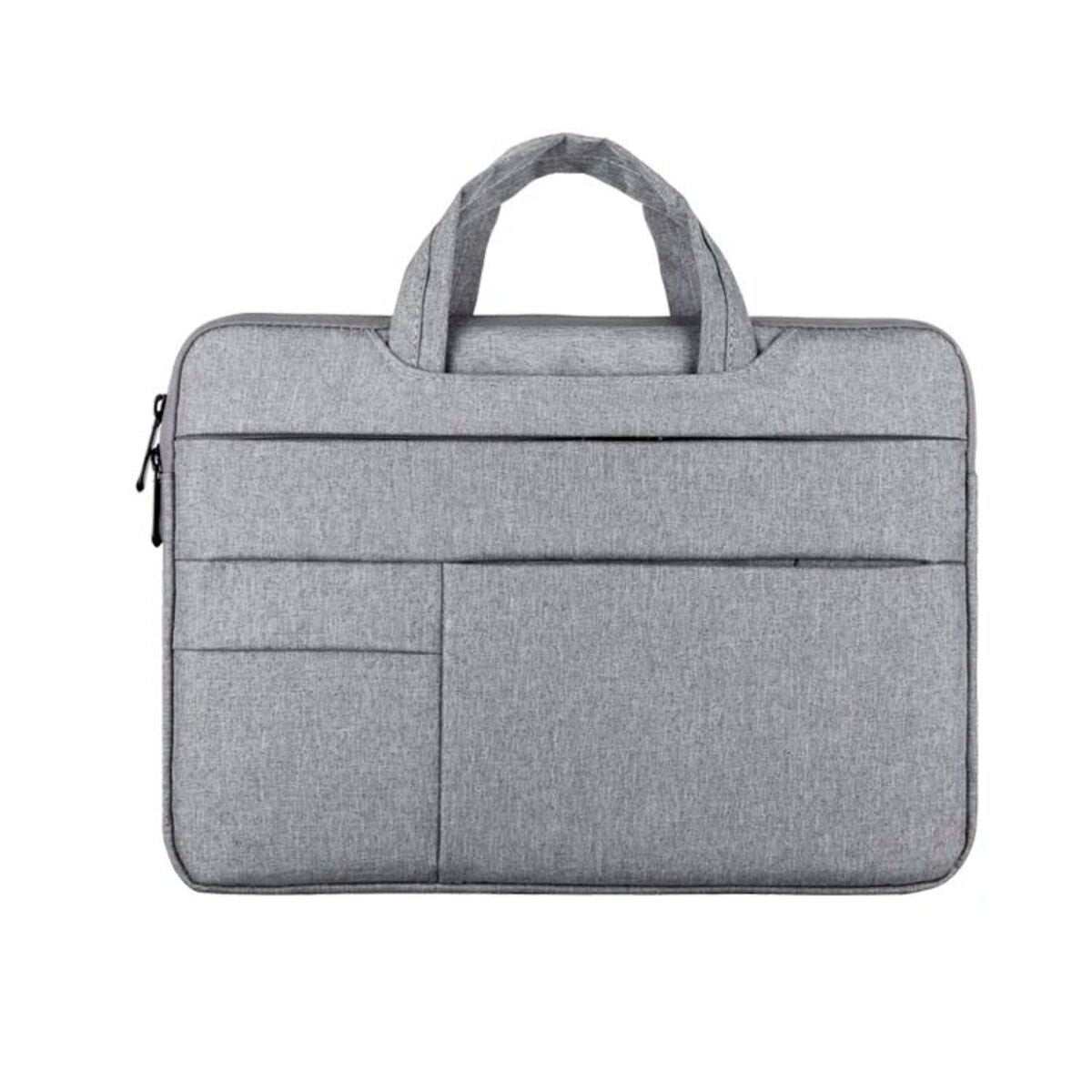 Gray laptop bag with shoulder strap featuring multiple pockets and a modern design.