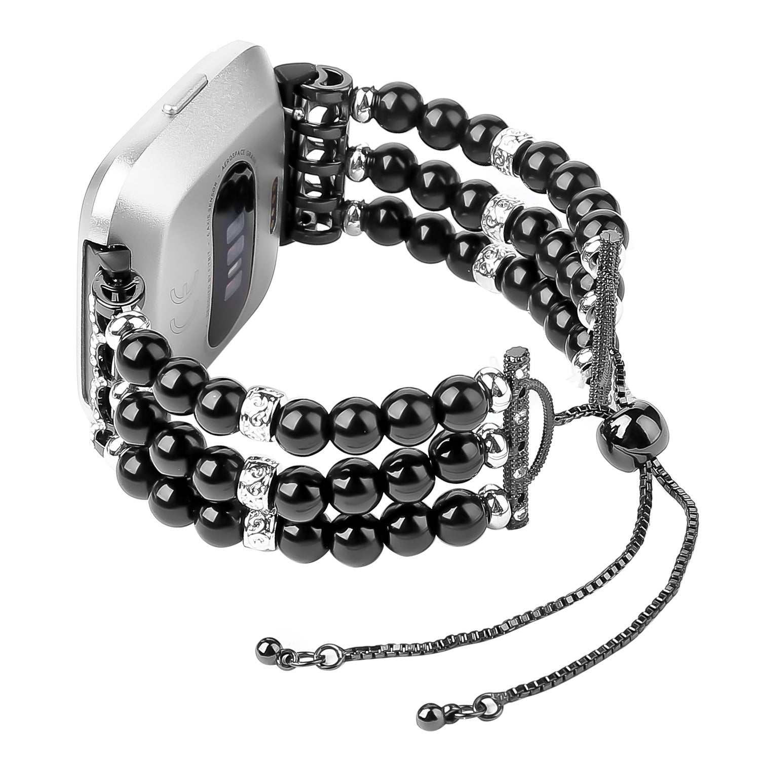 Black pearl strap wristband with alloy accents for Versa smartwatch, stylish and comfortable.